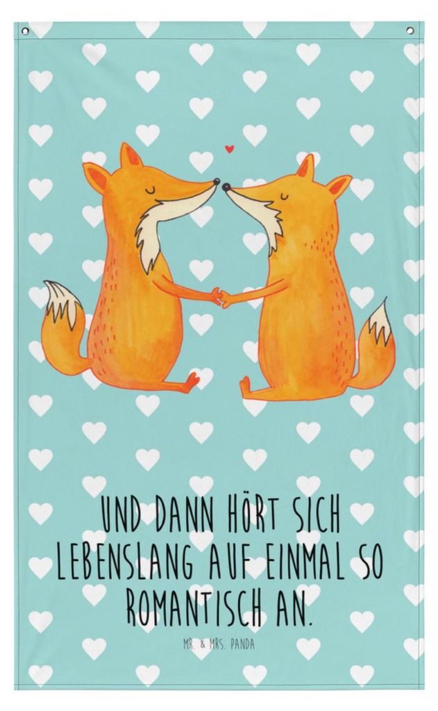 Mr. & Mrs. Panda Wandteppich Füchse Liebe - Türkis Pastell - Geschenk, Paar, Fox, Boho, Wandbild, Ehemann, Gobelin, Ehe, Wandbehang, Freundin, Fu...
