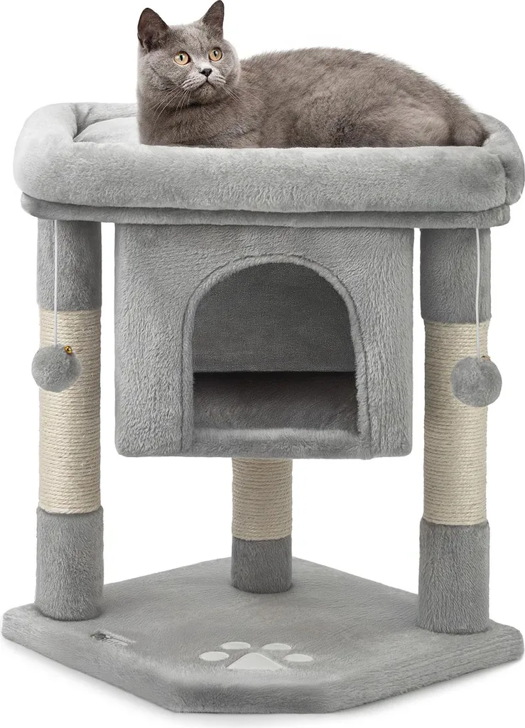 Arbre à chat robuste 60 cm lionto en sisal naturel et peluche grise