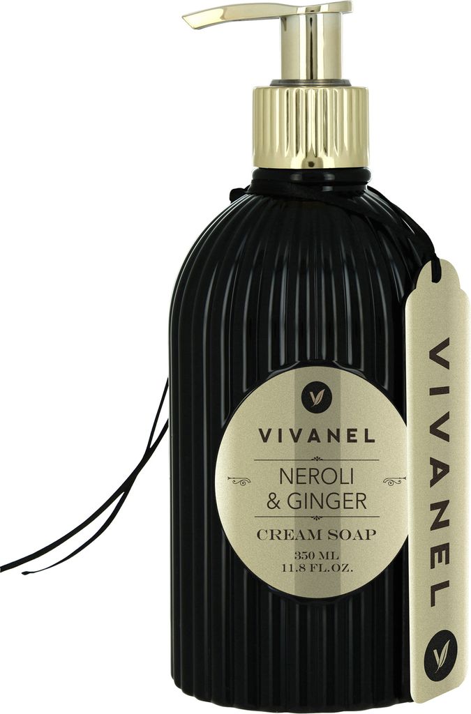 VIVANEL 8063 Seifenspender mit Creme-Seife Neroli & Ginger, Orangenblüten & Ingwer, schwarz/gold (350 ml)
