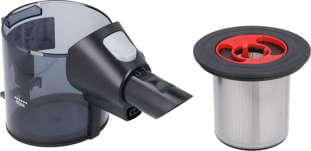 A vacuum cleaner dust container and filter are shown against a white background.