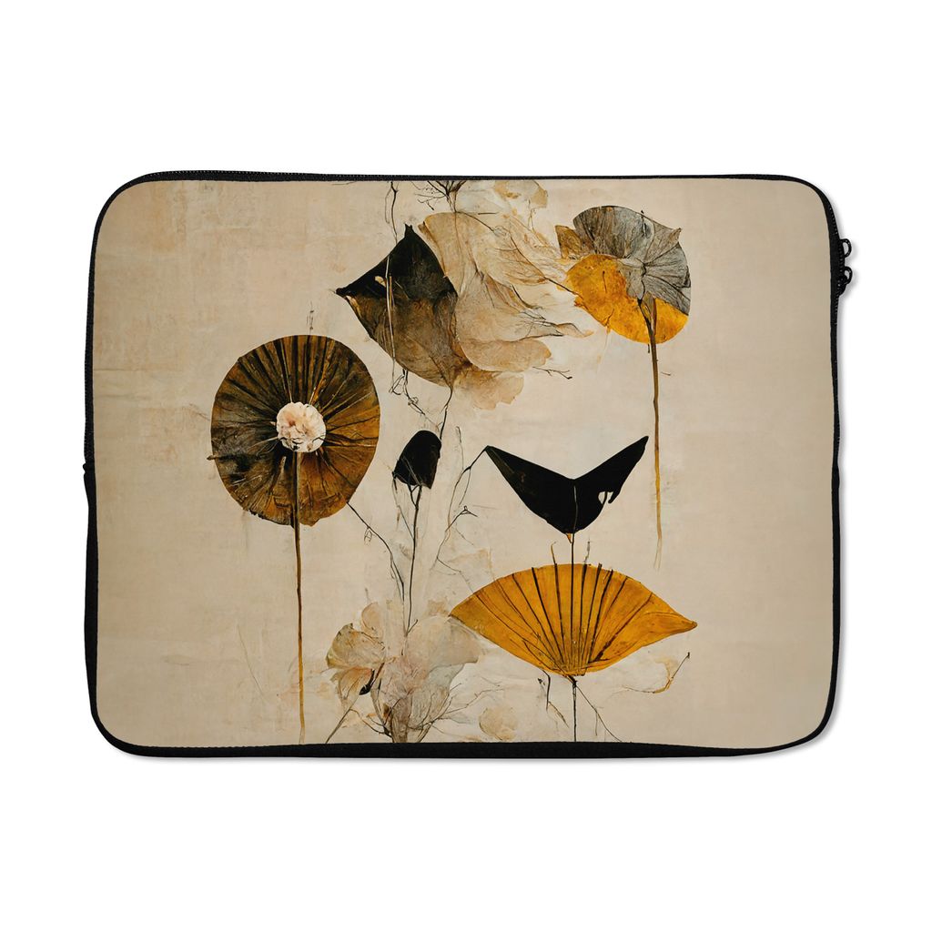 MuchoWow Laptop Hülle 17 Zoll Laptoptasche Blumen - Vintage - Pflanzen - Gold - Zipper - Schutzabdeckung