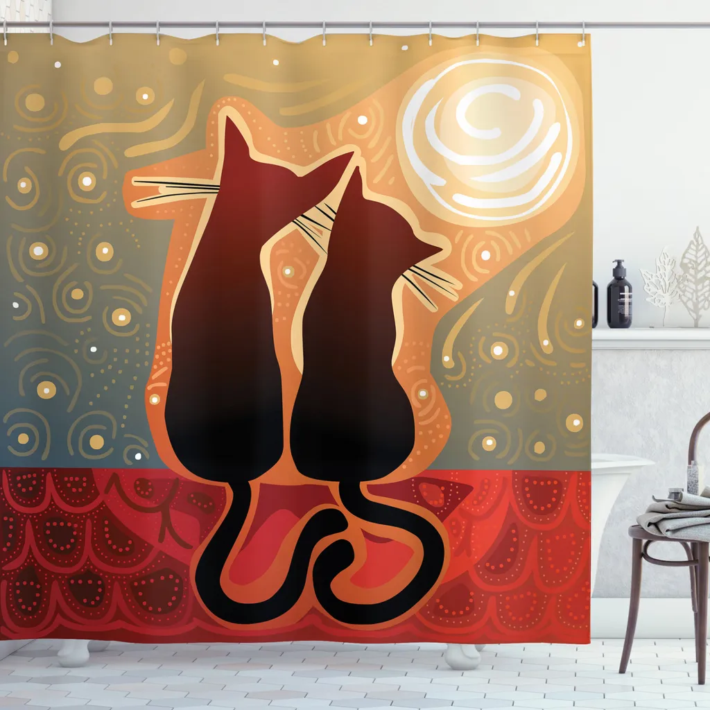 Rideau de douche chat lune 175x240 cm vert sauge orange ABAKUHAUS