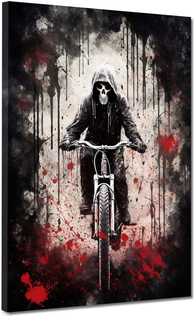 Abstrakt Sensenmann auf Fahrrad Leinwandbild Wandbild Deko Kunst XL: 120x160x4cm