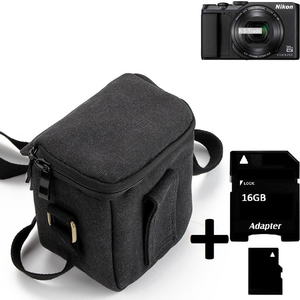 K-S-Trade Umhängetasche kompatibel mit Nikon Coolpix A900 Schulter Tasche Tragetasche Kameratasche Fototasche + 16GB Speicherkarte schwarz
