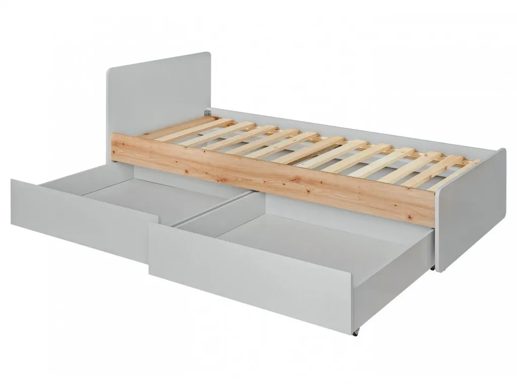 Lit 90x200 gris perle et chêne RENI avec grand coffre de rangement bas - 2
