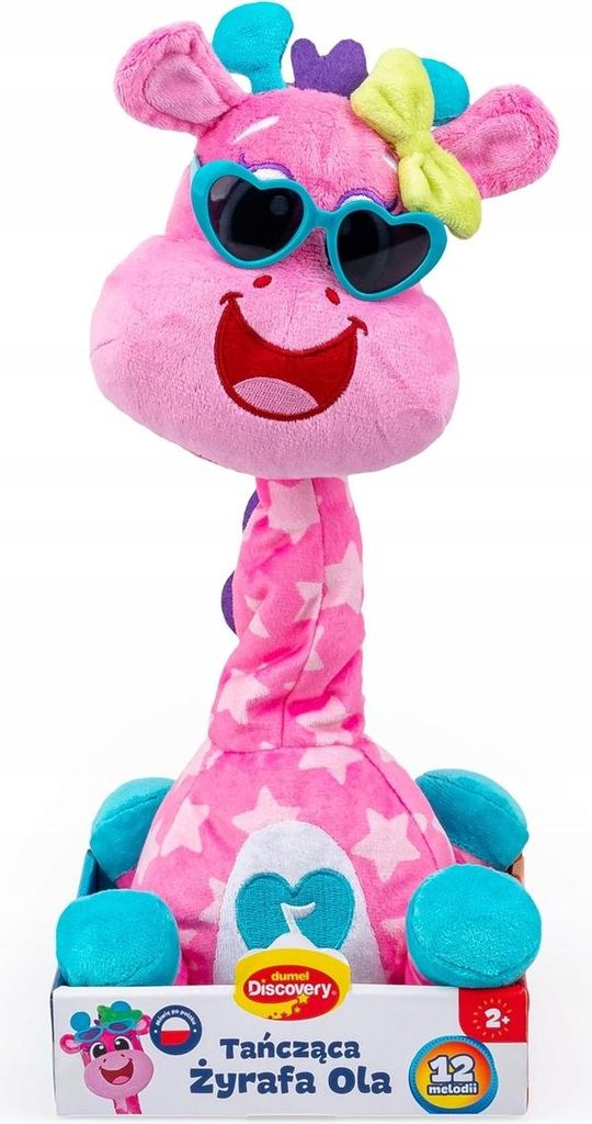 A pink plush giraffe toy with sunglasses and a bow, sitting in its packaging.