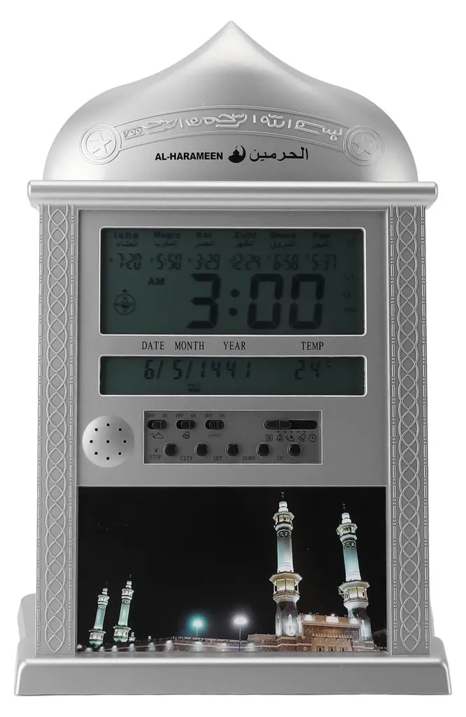 Réveil de prière Azan multifonctionnel argent avec écran LCD et rappel