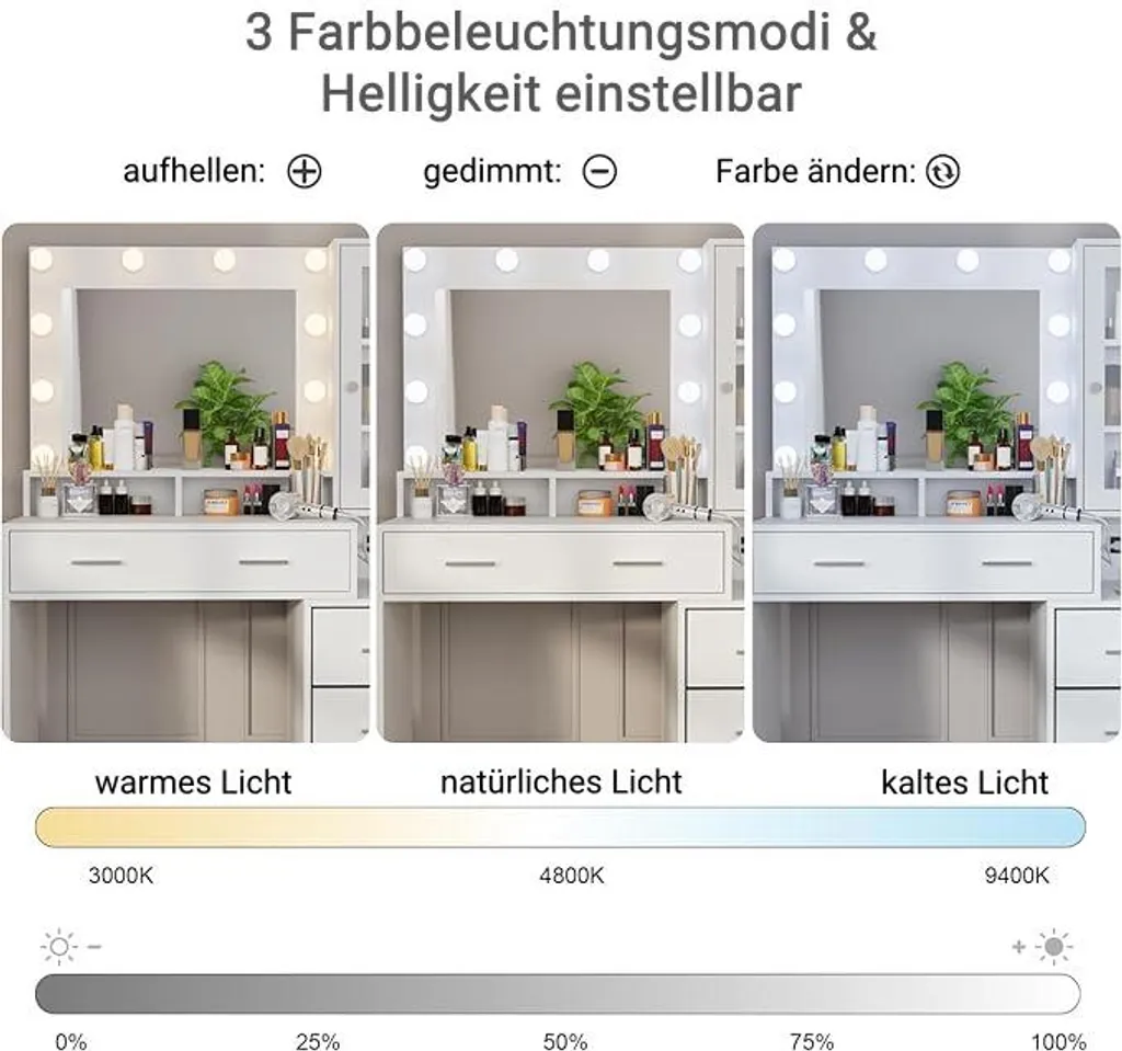 Coiffeuse lumineuse avec prises intégrées et 5 tiroirs de rangement - 6
