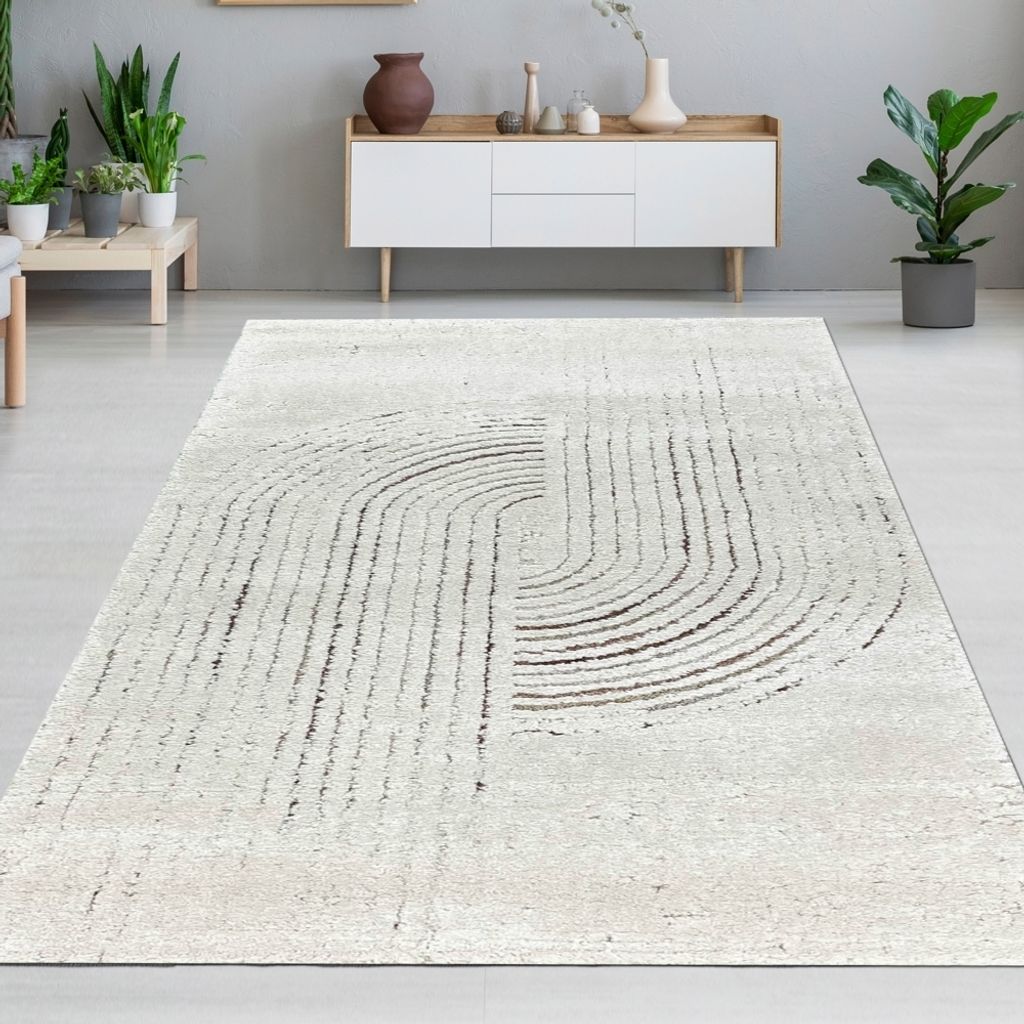 Wohnzimmer Teppich 3d-Effekt mit gestreiftem Muster in Creme Grau Größe - 120 x 170 cm