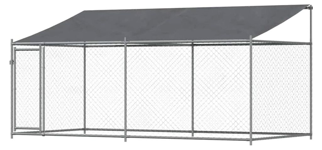 Hundezwinger mit Dach und Tür, Hundekäfig im Maschen-Design, Hundehaus und Drahtkäfig, grau verzinkter Stahl