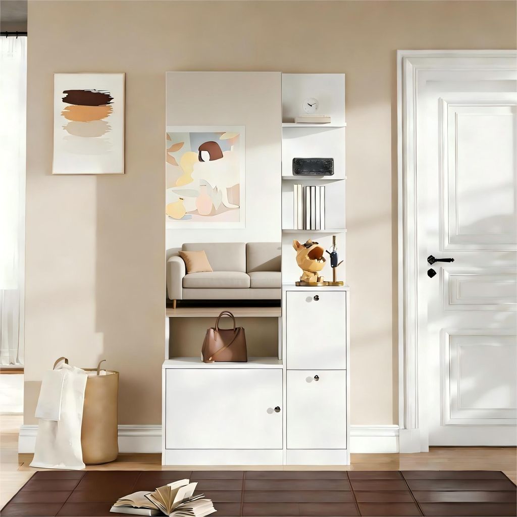 Merax Garderobenset Hochschrank mit Spiegel und Schuhschrank, Garderobenschrank mit 2 Türen und 5 Ablagen, Flurschrank aus Spanplatte, weiß