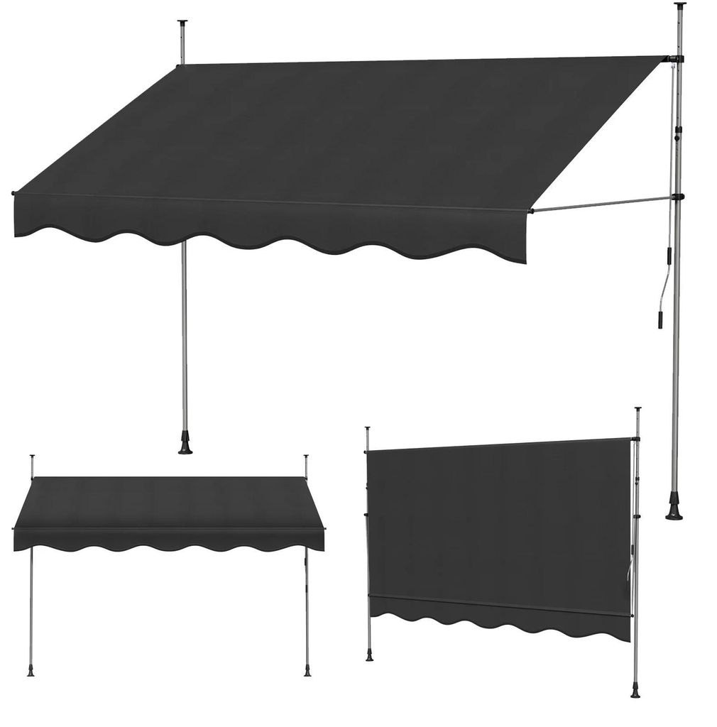 Outdoor Markise - Handkurbel Gelenkarmmarkise - Ausziehbar und klappbar - Sonnen- und Regenschutz für Terrasse & Balkon - PVC Plane - Schwarz