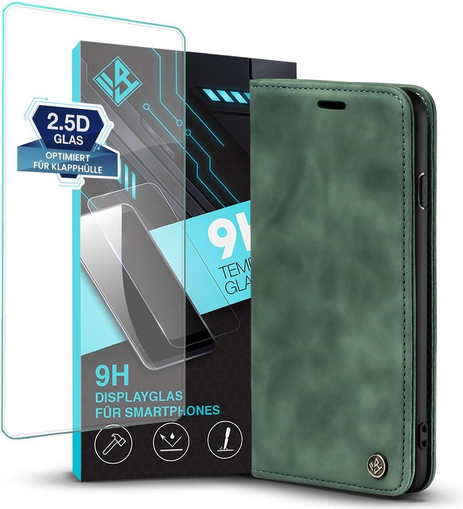 Handy Hülle für Apple iPhone 7 / 8 / SE (2020) mit 9H Displayglas Klapphülle Bookcase Flip Cover Handy Tasche Etui Farbe: Grün