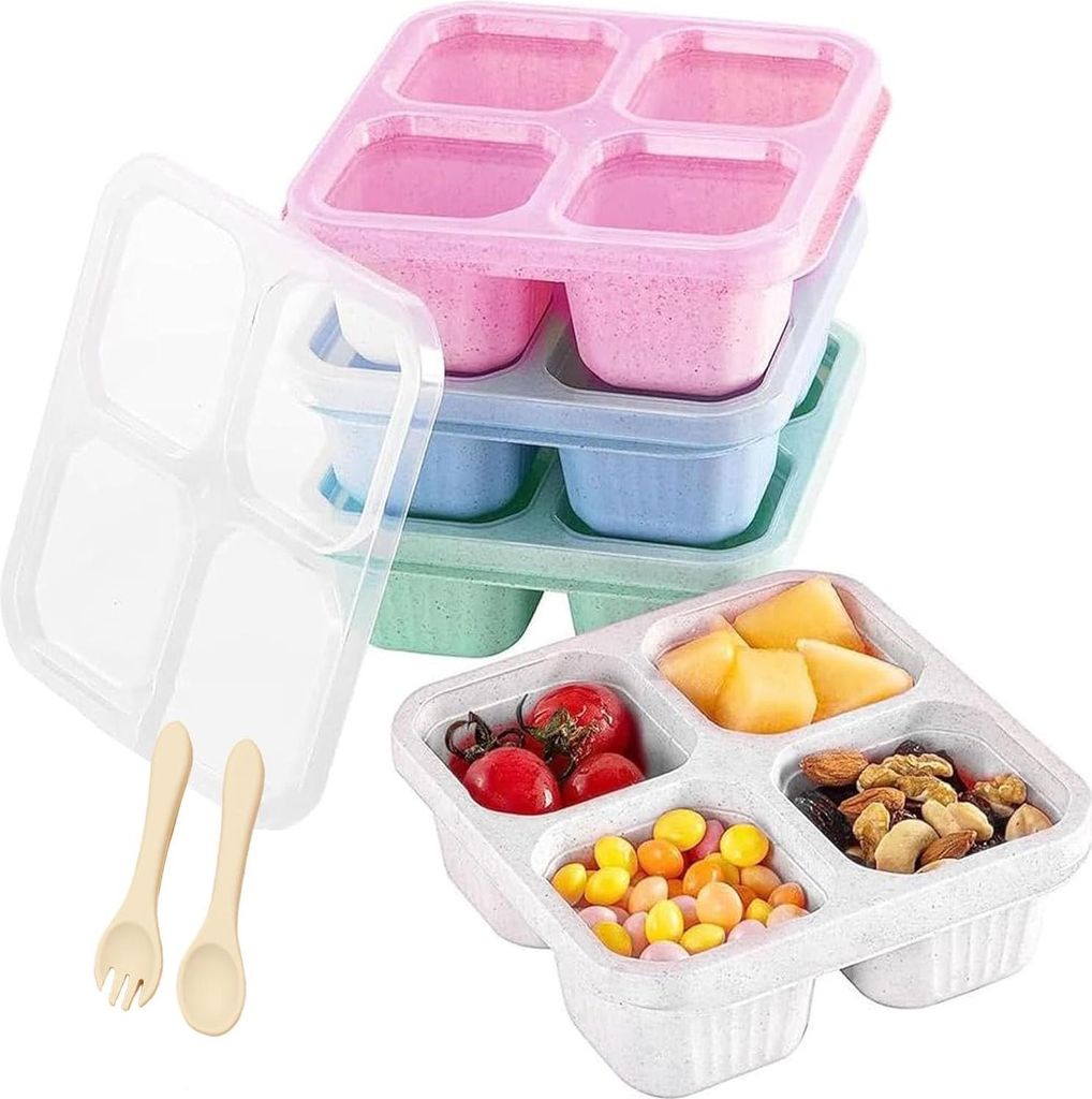 Zbssny 4 Stück Snackbox mit Fächern Lunchbox mit 4 Fächern, Transparentem Deckel & Edelstahl Fruchtgabel Wiederverwendbare Snackbehälter für S...