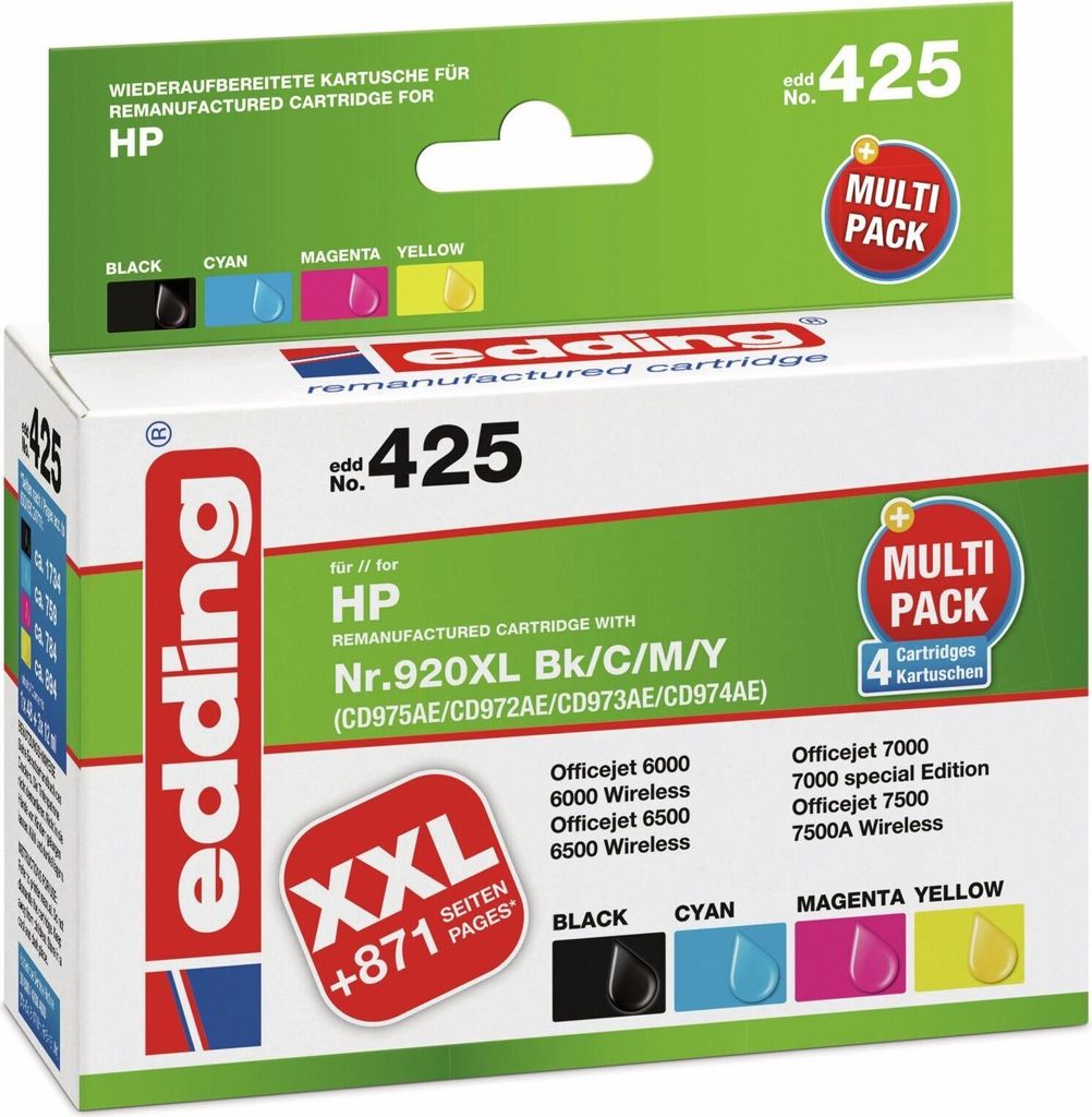 The image shows the retail packaging of an Edding 425 multipack of HP 920XL remanufactured ink cartridges.