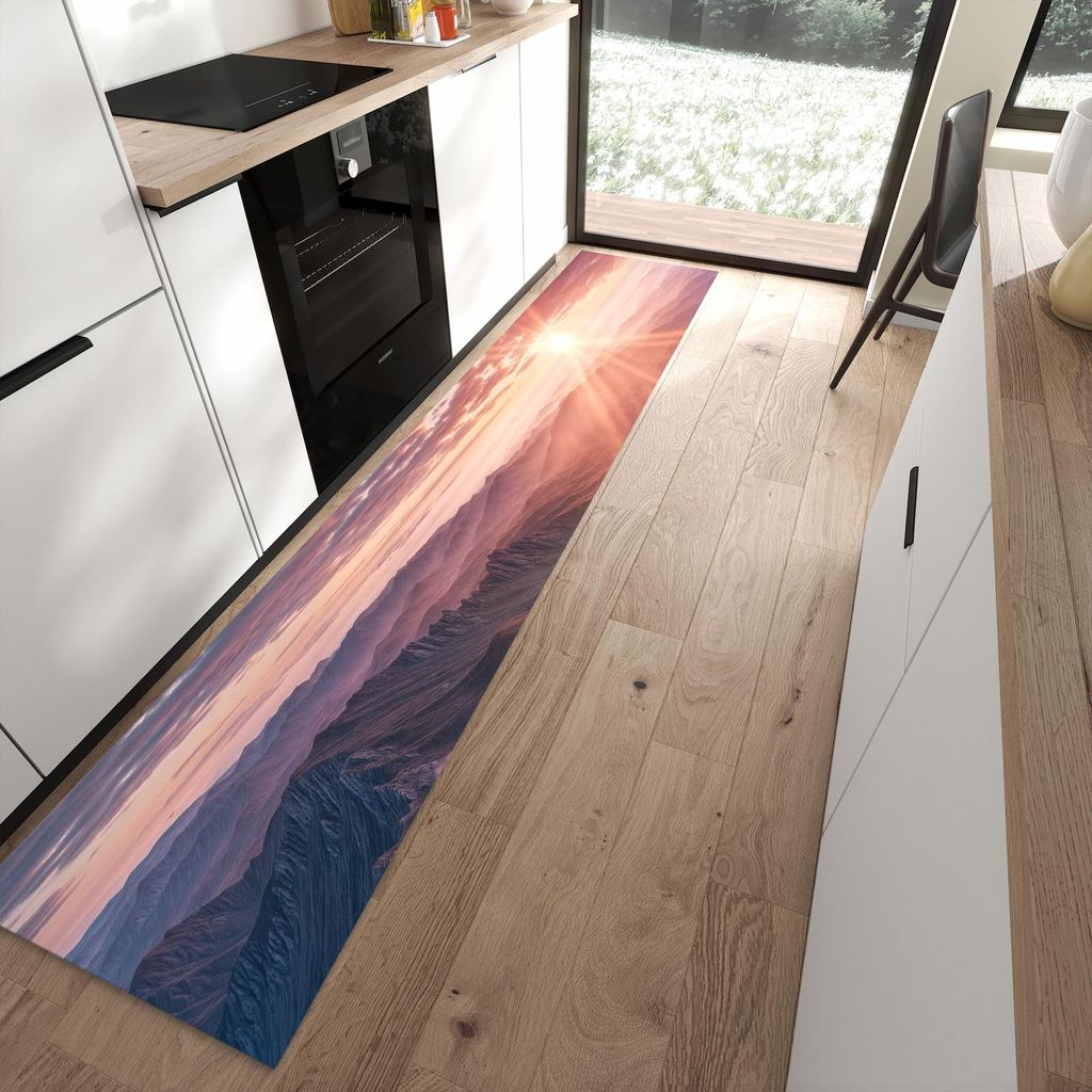 Küchenteppich 60x300cm rutschfest & abwischbar PVC Läufer - Sonnenaufgang Berge