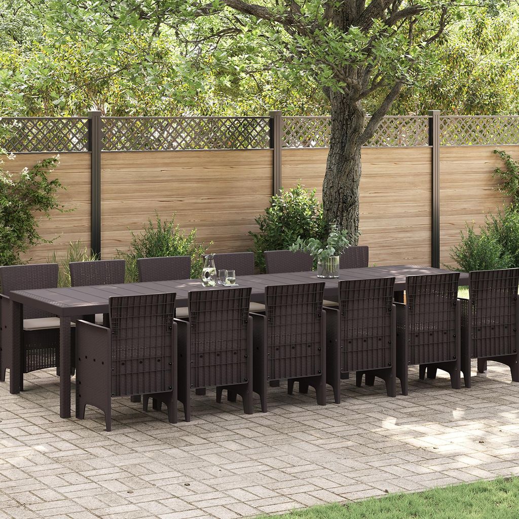 13-teiliges Garten Esstisch Set mit Kissen Braun Poly-Rattan, Design Möbel Gartenmöbel-Sets Neu