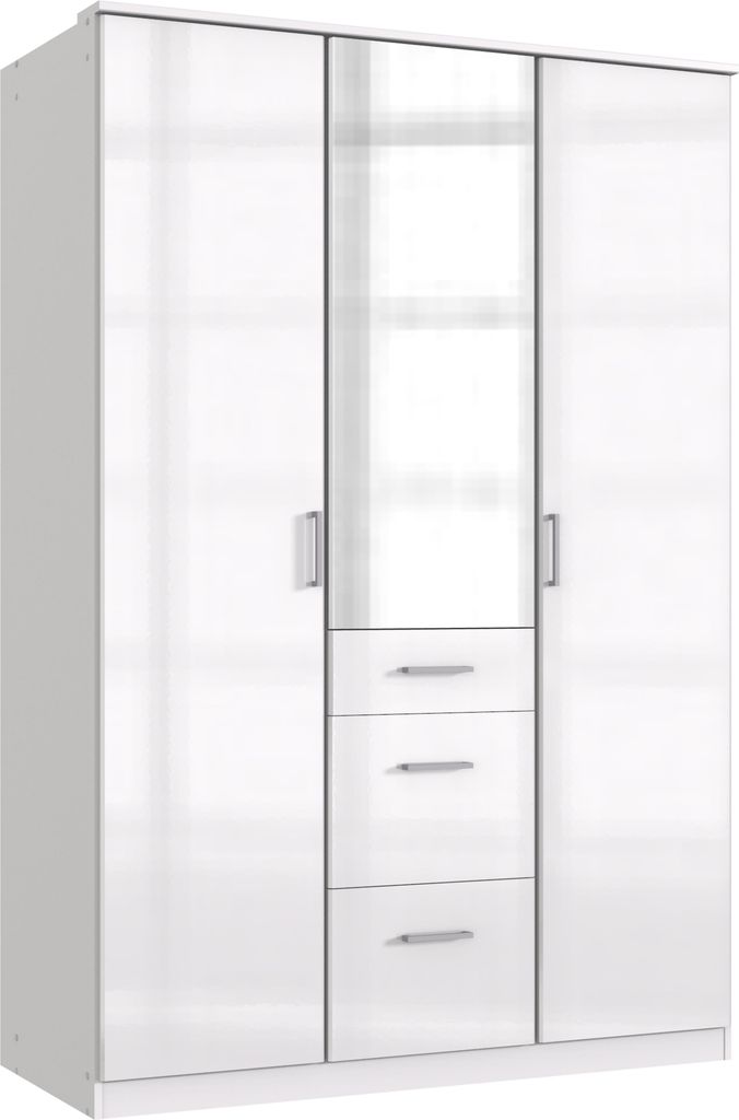 Kleiderschrank Clack in Weiß mit Fronten in Hochglanz Weiß Lack - Kleiderschrank 135 cm Breite mit Spiegel