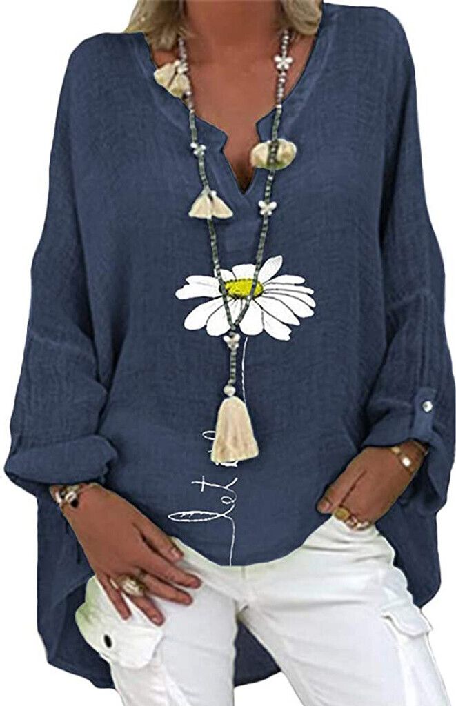 Bluse Damen Sommer Tunika Leinenbluse Damen V-Ausschnitt Produktbild 