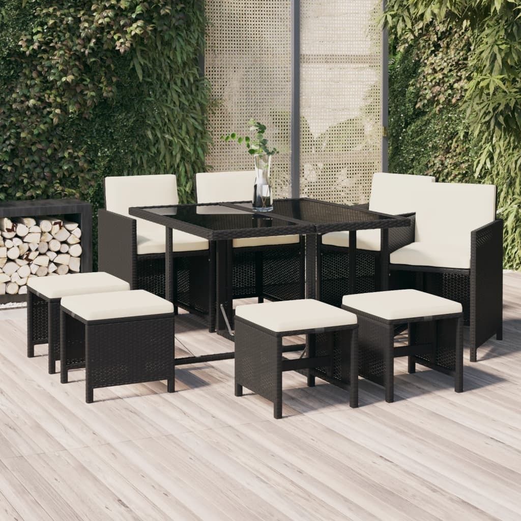 ZMH 9-tlg. Garten-Essgruppe mit Kissen Poly Rattan Schwarz