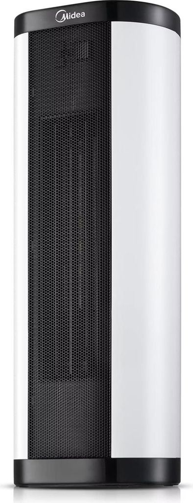 A white and black Midea ceramic heater is shown against a white background.