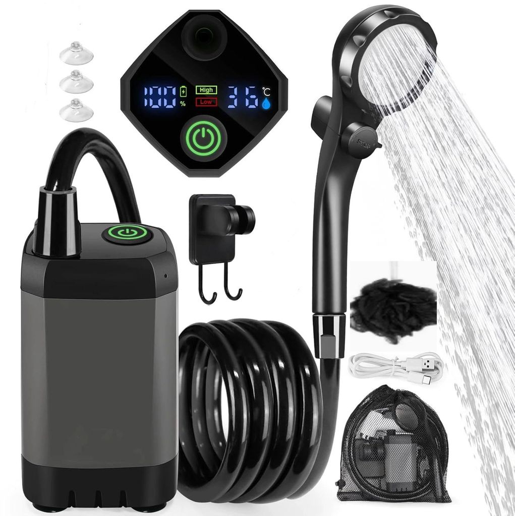 Camping-Duschset, tragbare Dusche (7800 mAh), wiederaufladbare elektrische Duschpumpe, Campingdusche mit Smart-Display, verstellbarer Duschkopf und...