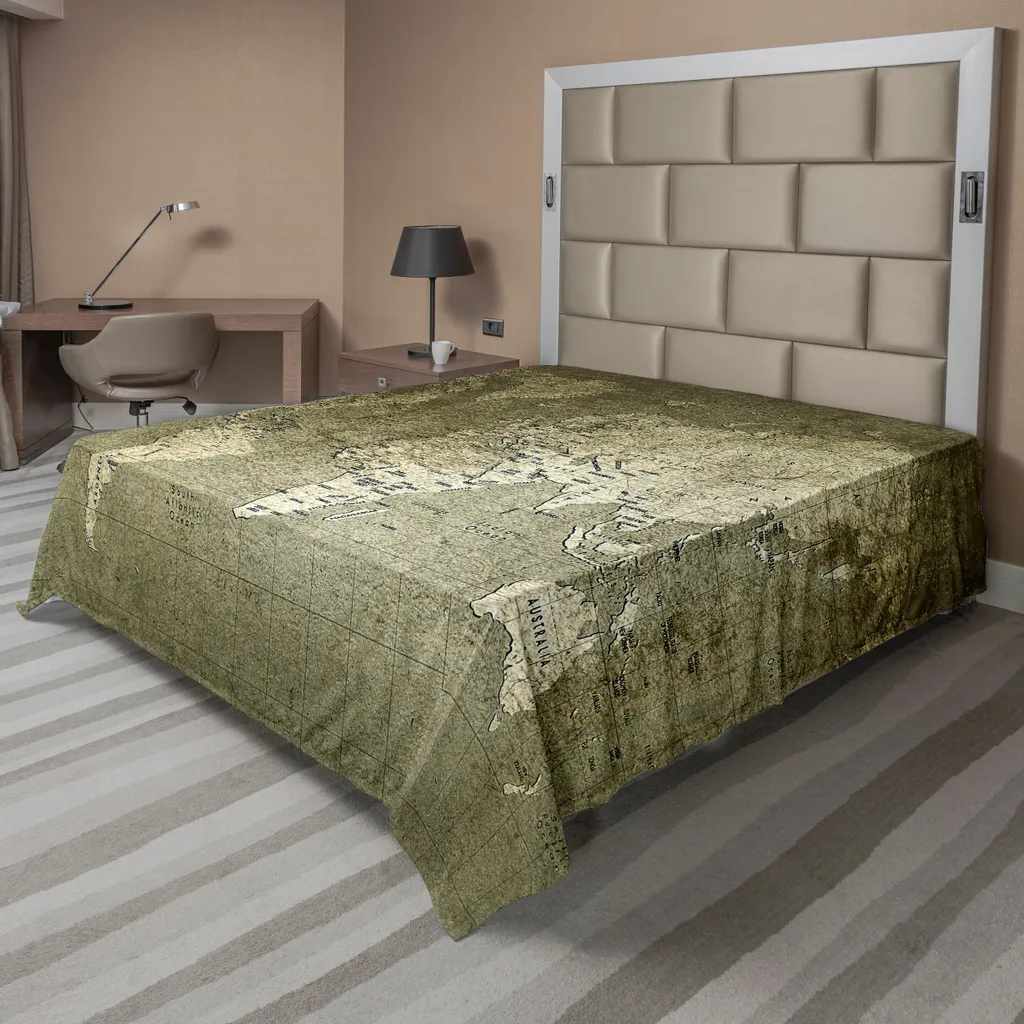 ABAKUHAUS Lenzuolo antico, vecchia mappa del mondo con grande texture nostalgica dell'antico atlante cartografico del mondo, lenzuolo morbido e confortevole per un letto decorativo 1 pezzo 275 cm x 260 cm, verde militare