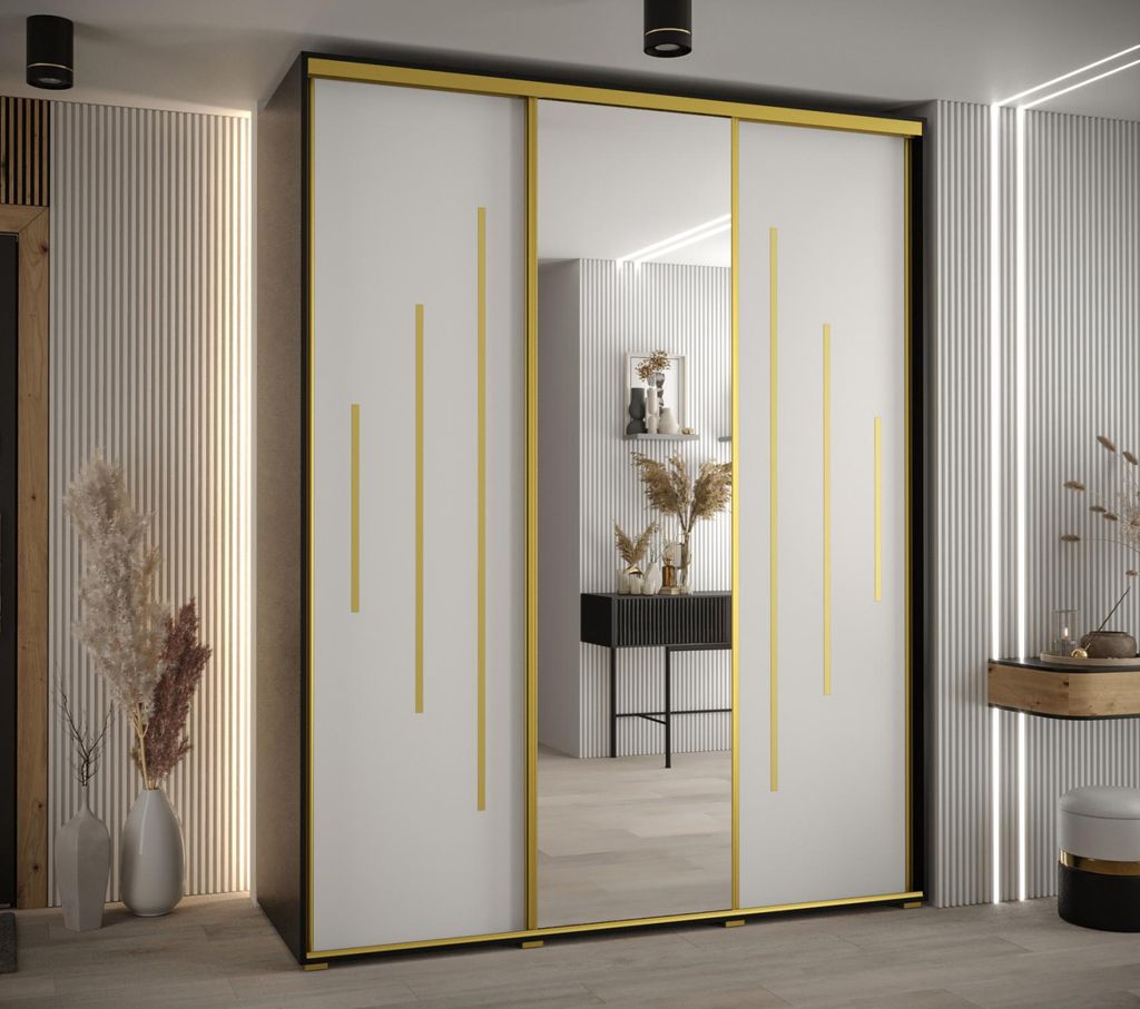 Kleiderschrank YVONA 13 – 190/60 cm, schwarz/weiß/gold