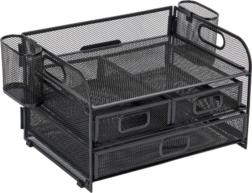 Aktenordner-Rack, Schreibtisch-Organizer aus Netzstoff mit 3 Schubladen, Stifthalter, Rahmen aus Kohlenstoffstahl, Halter für Bürobedarf