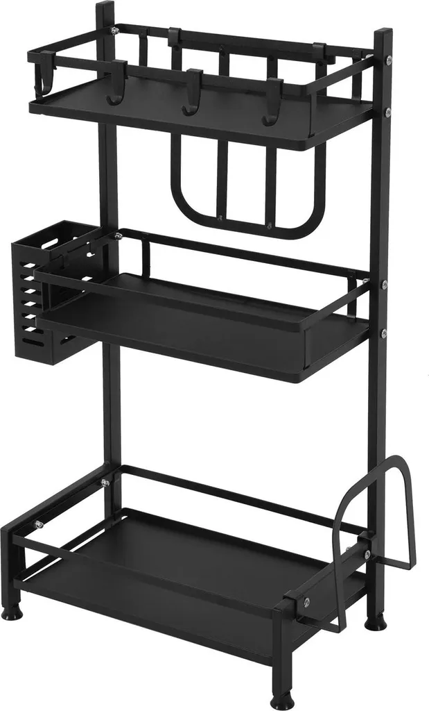 Étagère à épices cuisine 3 niveaux en plastique PA+PE noir 32,5x20x60 cm