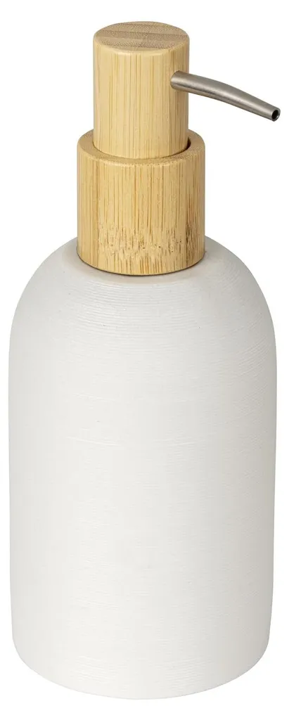Distributeur de savon liquide sur pied en bambou et résine blanche, 250ml
