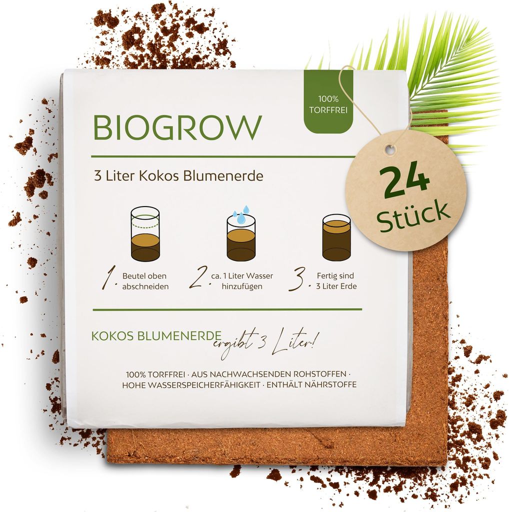 Kokoserde gepresst im Quellbeutel - Biologisch abbaubare, torffreie Anzuchterde aus 100% Kokosfasern (3 Liter, 24 Stück)
