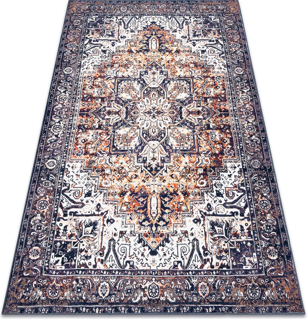 Tapis ANTIKA coucher de soleil bleu foncé et orange lavable 80x150 cm