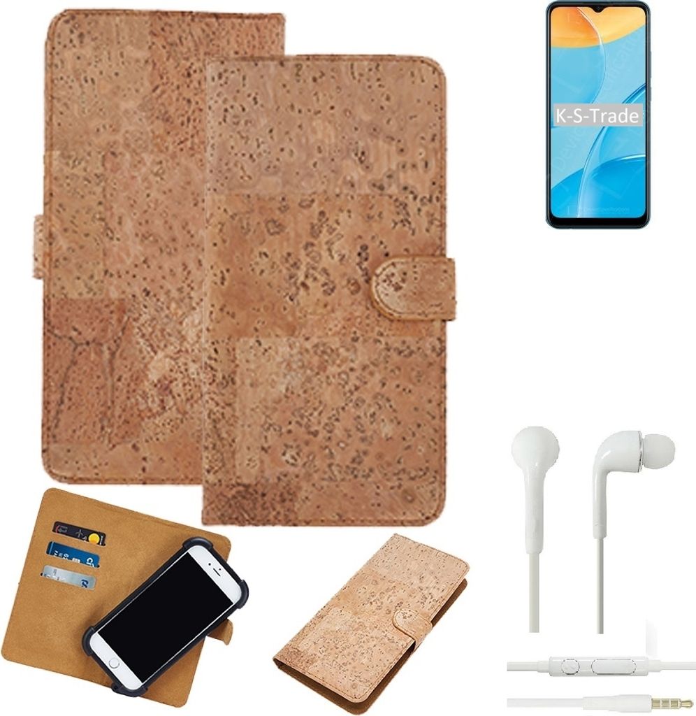 K-S-Trade Hülle kompatibel mit Oppo A35 + in ear Kopfhörer Kork Handyhülle Cover Schutzhülle TPU Case Bumper in Hellbraun, (1x)