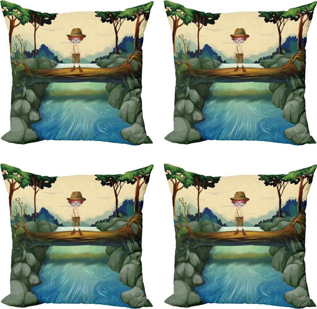 ABAKUHAUS Bunt Kissenbezug Set (4 Stück), Abenteuerliche Kind auf Trunk, Moderner Doppelseitiger Digitaldruck, 40 cm x 40 cm, Mehrfarbig
