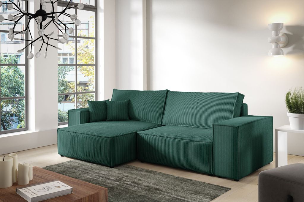Ecksofa ANTONIO - MINI POSSO 255x148x70 cm; L-Form mit Schlaffunktion und Bettkästen in Dunkelgrün / Cordbezug, Schenkel / Ottomane rechts oder l...