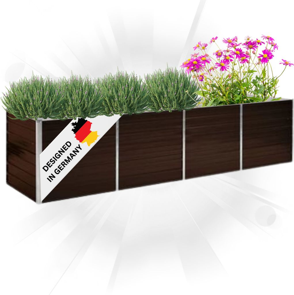 A long, rectangular planter box filled with green plants and pink flowers, with a label indicating it's designed in Germany.