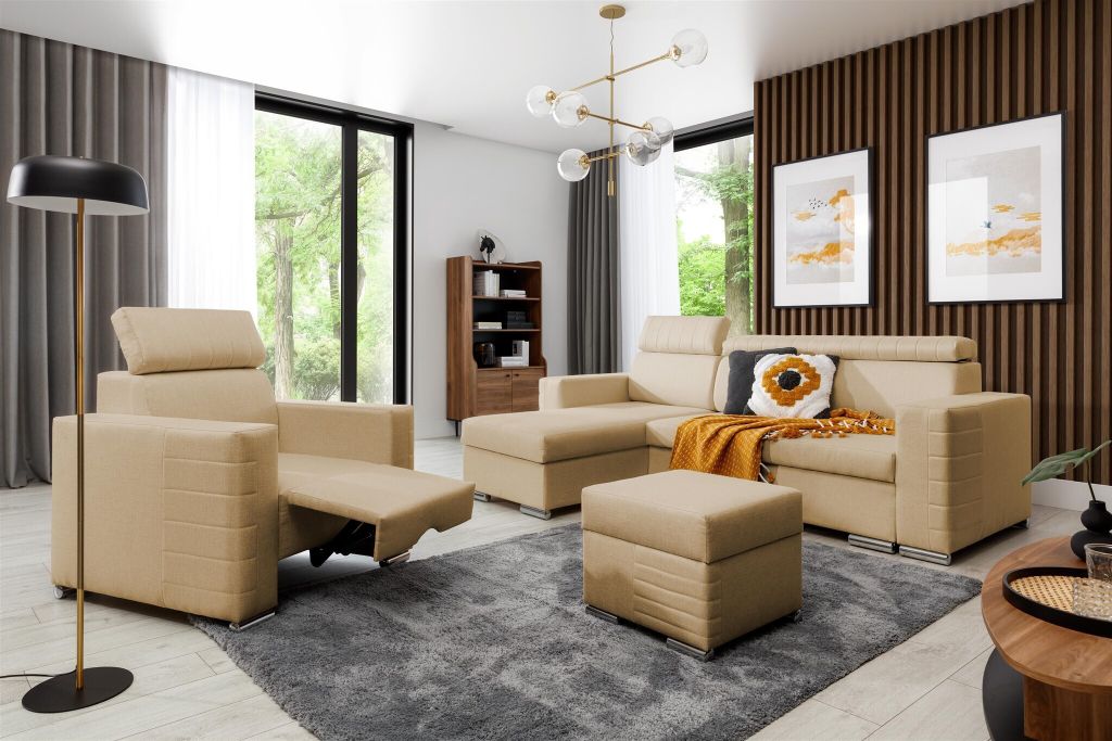 Ecksofa inkl. Hocker und Sessel CANTON Stoff Liverpool Beige Ottomane Links