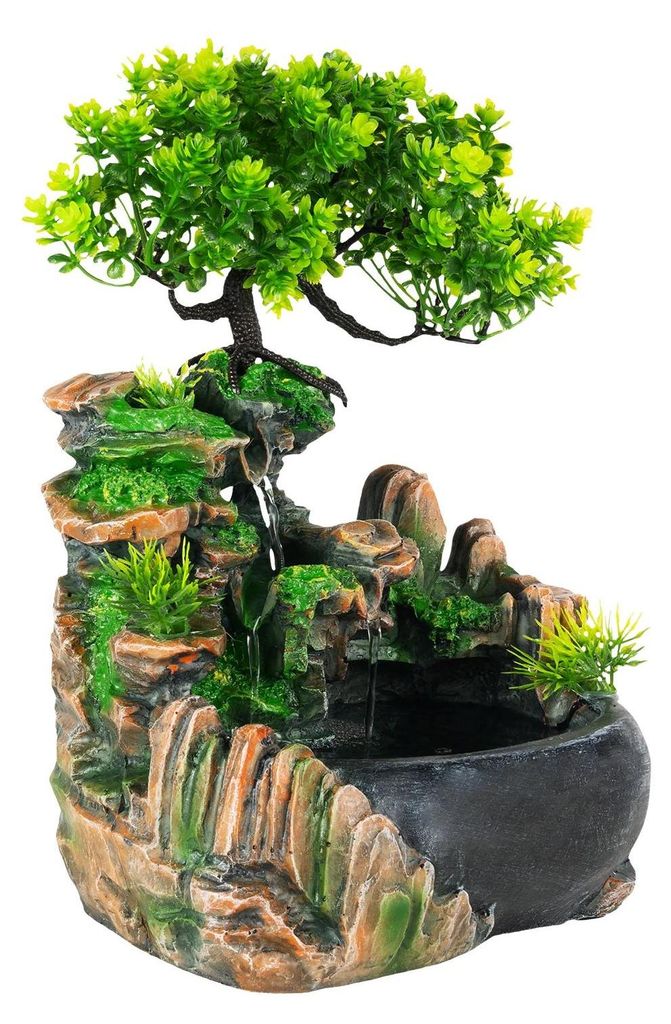 Tischbrunnen - Zimmerbrunnen Wasserfall in Steinoptik - LED-Beleuchtung, Leise, Zen-Deko, Kunstharz - Mehrfarbig