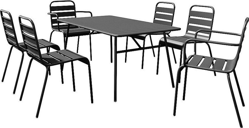 Gartenmöbel-Set aus Metall für den Essbereich – Tisch mit einer Länge von 160 cm, 2 stapelbare Sessel und 4 stapelbare Stühle – Schwarz –...