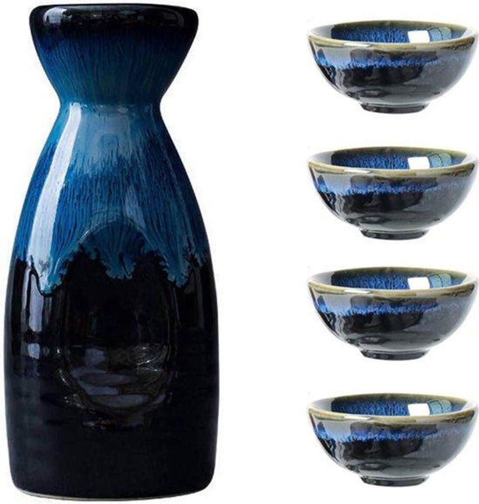 Japanische Keramik-Sake-Set, 4 Tassen, 1 Topf, Porzellan, Traditionell