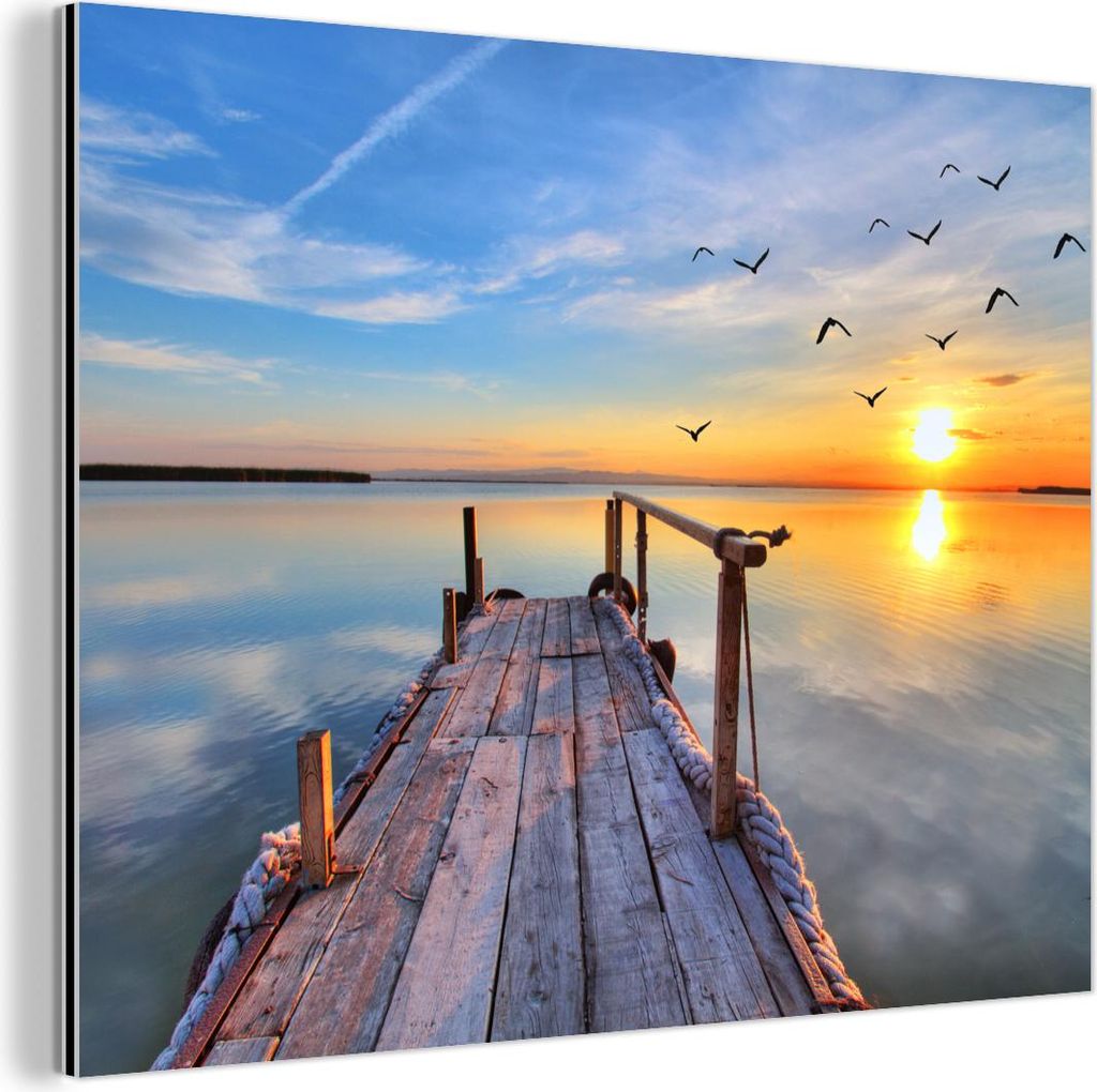 MuchoWow Wanddekoration Metall Metallbild Wandkunst 40x30 cm Wasser - Steg - Vögel - Sonnenuntergang - Horizont MuchoWow Aluminium Gemälde - Deko...