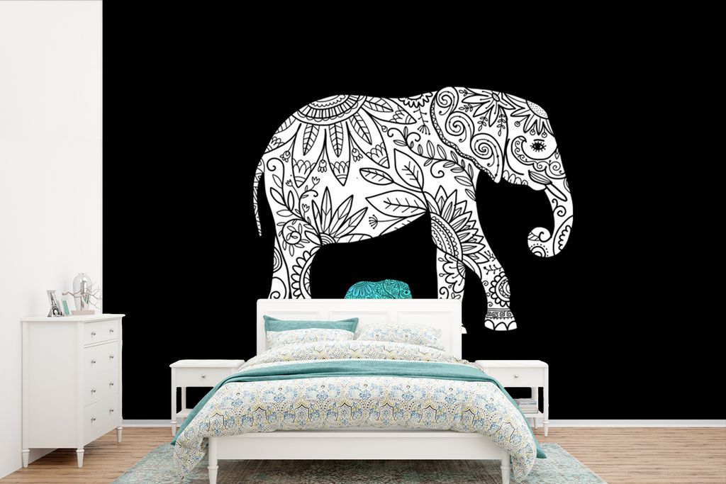 MuchoWow Fototapete für Wohnzimmer oder Schlafzimmer Wandtapete Vinyl Motivtapete Elefant - Blumen - Pflanzen - 525x350 cm - Das Hintergrundbild