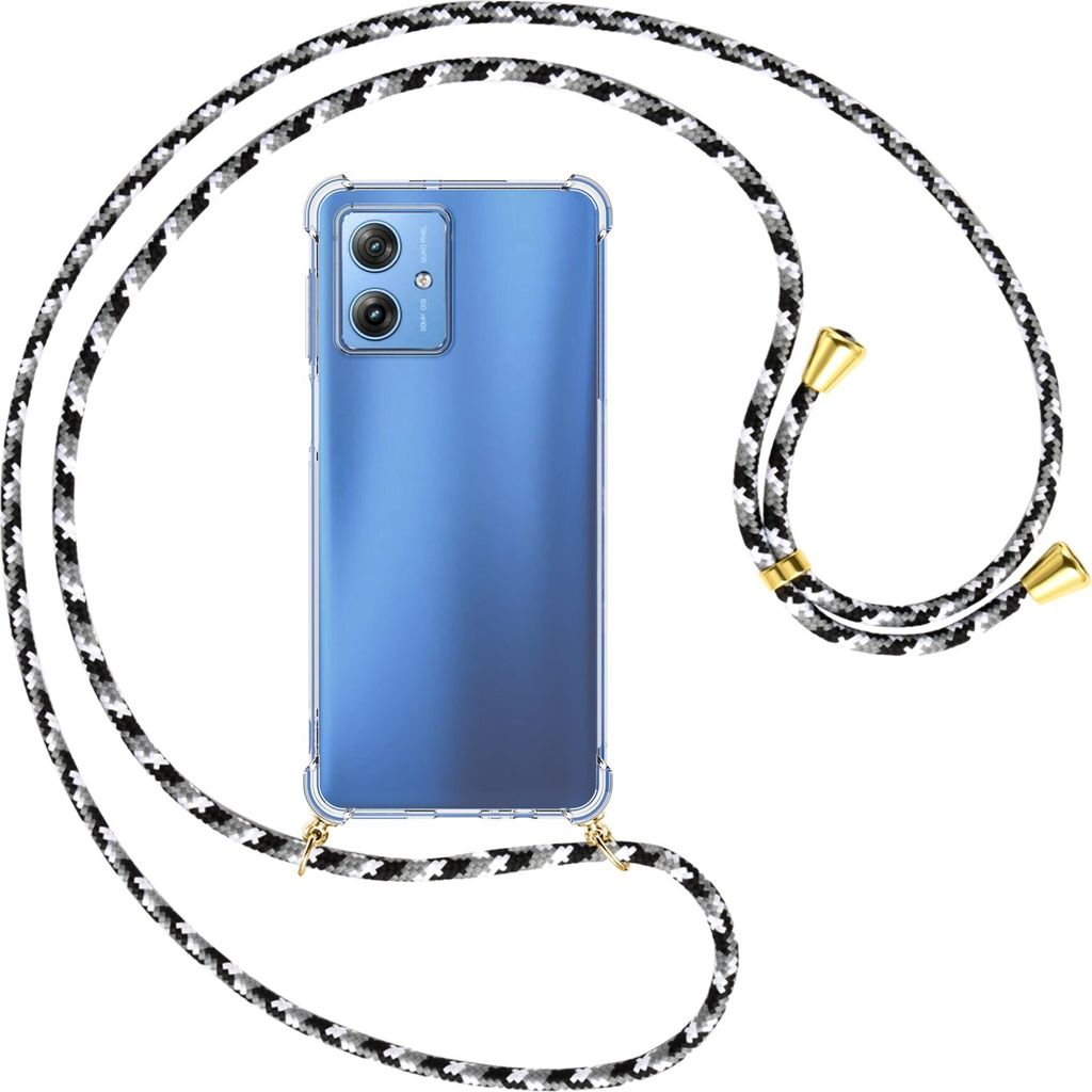 Handykette Backcover-Schutzhülle mit Band (Metall goldfarben) für Motorola Moto G54 5G (XT-2343-1, 6.5'') - schwarz/grau/weiß
