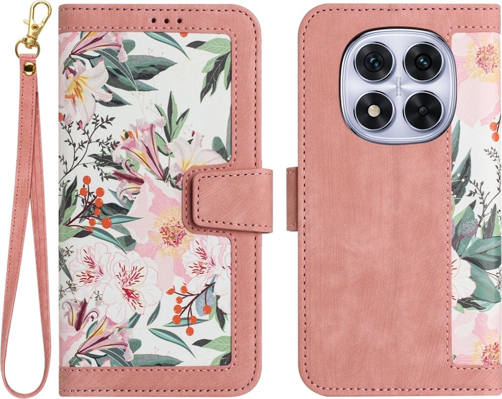 Für Xiaomi Redmi Note 14 Pro 5G Kunstleder Wallet Handy Tasche Blumen Design Hülle Etuis Rosa