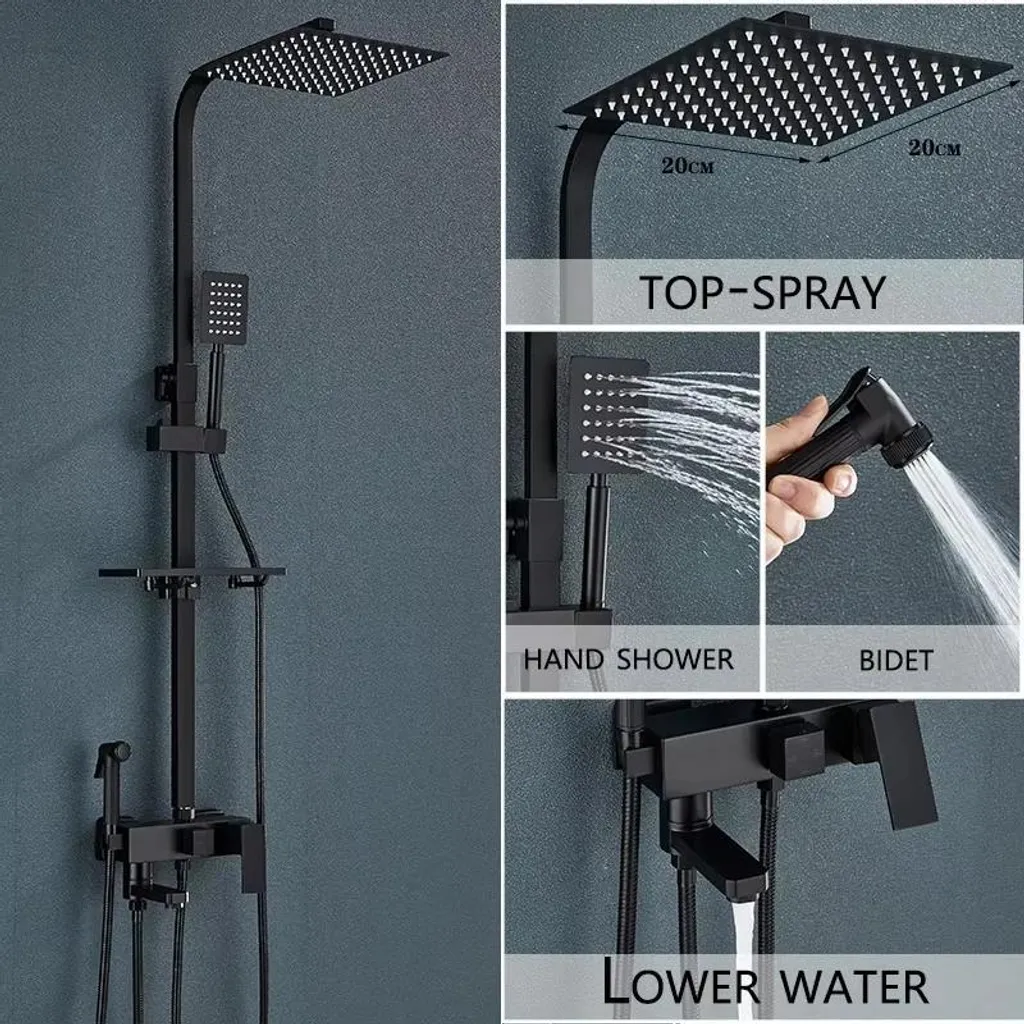 Système de douche 20 cm en céramique bleu marine avec barre coulissante