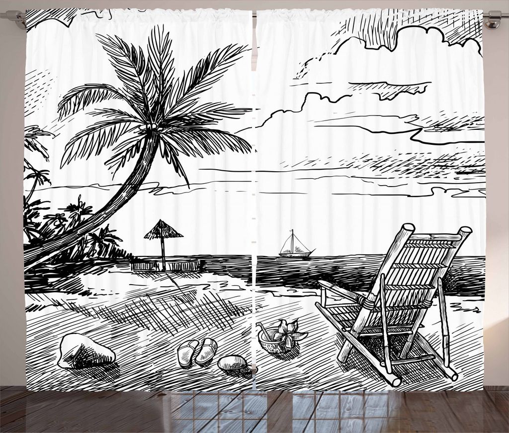 ABAKUHAUS Sommer Rustikaler Gardine, Strand-Skizze mit Stuhl Baum, Schlafzimmer Kräuselband Vorhang mit Schlaufen und Haken, 280 x 225 cm, Schwarz...