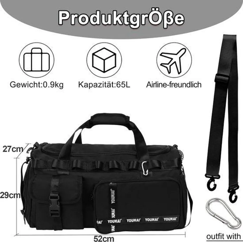 Grand sac de sport multifonctionnel 65L idéal pour le week-end et club