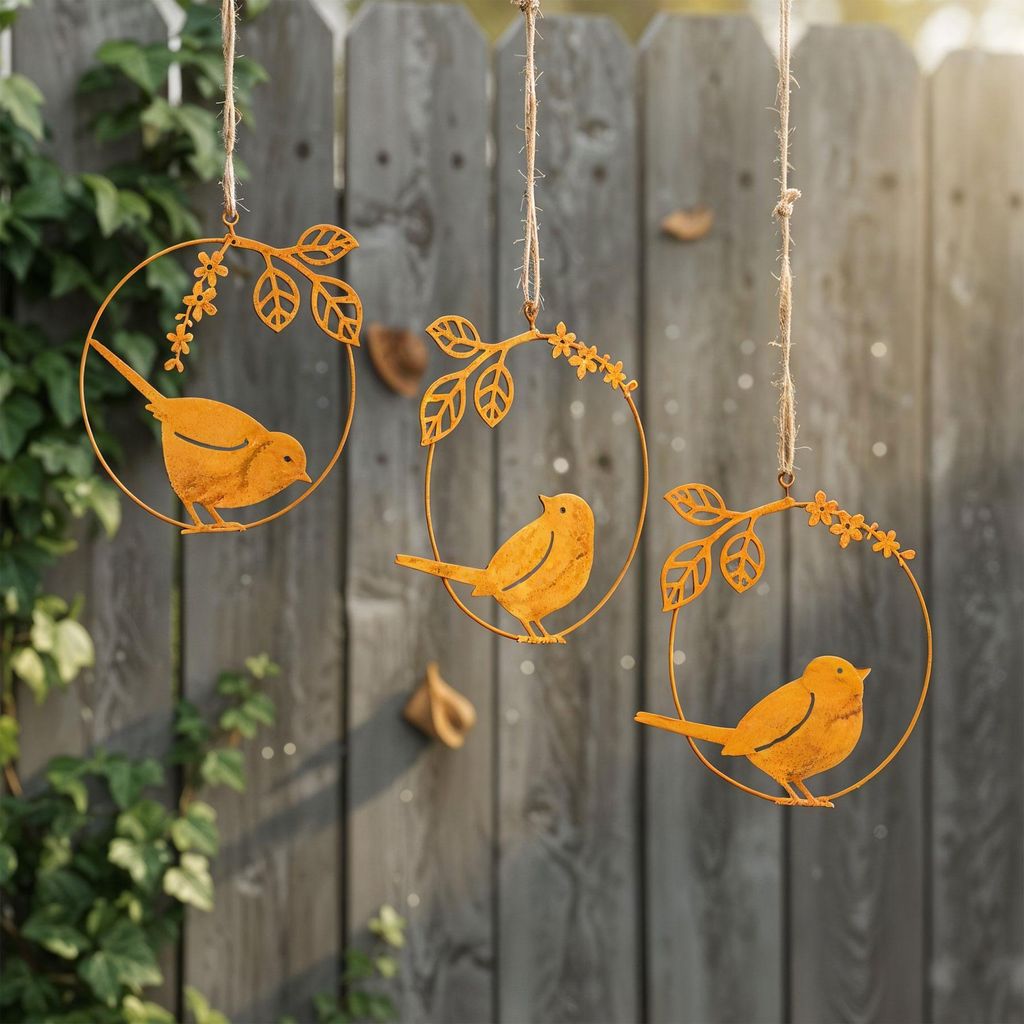 3er Set Dekoanhänger Vogel Metall Edelrost 11cm Rostige Gartendeko Fensterschmuck
