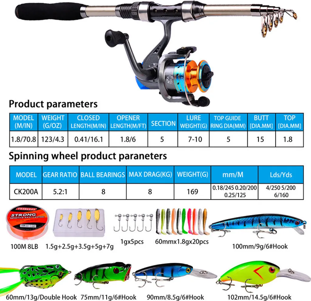 Canne à pêche en carbone avec moulinet combo 1.8M robuste et vert